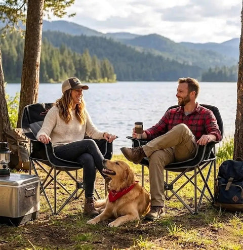 Two people relaxing in Two Pack Oversized Padded Camping Chair Heavy Duty Quad Fold Arm Chair Portable For Outdoor Use