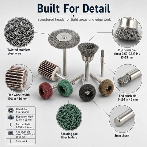 Detailed view of Heavy Duty 69 Piece Buffing And Polishing Wheel Set Featuring 3MM Shank Mini Wire Brushes and Flap Pads.