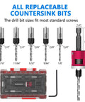 BURMONG 5-piece countersink drill bit set with adjustable depth stop; 1/4 in hex shank, pink stop, clear case