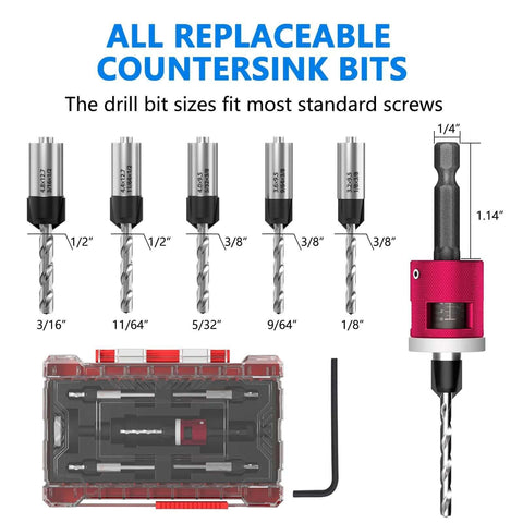 BURMONG 5-piece countersink drill bit set with adjustable depth stop; 1/4 in hex shank, pink stop, clear case
