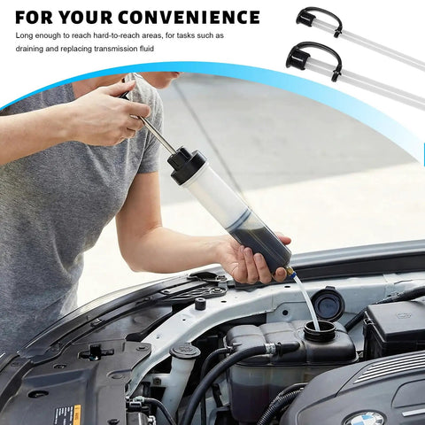 500cc Manual Automotive Fluid Extractor Pump With Two Durable Extension Tubes in use for quick engine oil drainage.