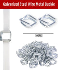 Heavy Duty Packaging Strapping Kit With Upgraded Steel Tensioner, 3/4 Inch By 330 Feet Polypropylene Wrap, 100 Metal Buckles, 2500 Lbs Break Strength, Solid As A Rock Build features galvanized steel wire metal buckles.
