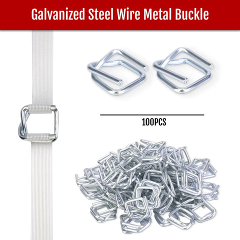 Heavy Duty Packaging Strapping Kit With Upgraded Steel Tensioner, 3/4 Inch By 330 Feet Polypropylene Wrap, 100 Metal Buckles, 2500 Lbs Break Strength, Solid As A Rock Build features galvanized steel wire metal buckles.