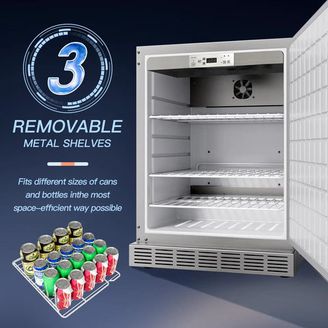 Outdoor Refrigerator Weatherproof Stainless Steel Beer Cooler Under Counter 21 Inch Beverage Fridge with open door and shelves