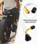 2 Pack Angled Valve Stems 90 Degree Brass Valve With Snap In Rubber Base For Tubeless Tire Rims On Motorcycle Scooter ATV 10.3mm Diameter For Your Ride Durable Dust Cap Included image showing product and motorcycle application