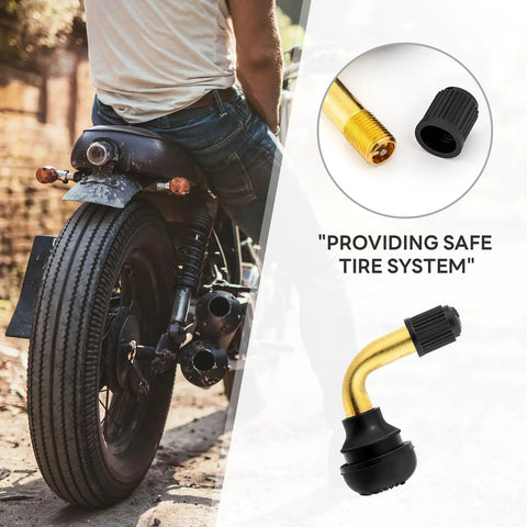 2 Pack Angled Valve Stems 90 Degree Brass Valve With Snap In Rubber Base For Tubeless Tire Rims On Motorcycle Scooter ATV 10.3mm Diameter For Your Ride Durable Dust Cap Included image showing product and motorcycle application