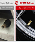 SunSoul TR600HP brass snap-in tire valve with EPDM rubber; installed on rim with older rubber valve for comparison.