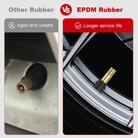 SunSoul TR600HP brass snap-in tire valve with EPDM rubber; installed on rim with older rubber valve for comparison.