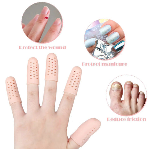 Gel Finger Cots Set 20 Piece Silicone Finger Protectors on hand, showing use for wound and manicure protection, comfort, breathable.