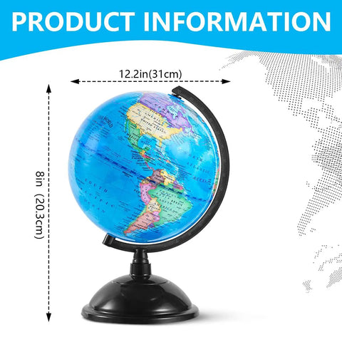 8 Inch World Globe With Stand Rotating Earth Spinning Globe For Kids Geography Classroom Education Or Decorations Blue Kid Friendly Durable Plastic Model