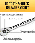 Three Eighth Inch Drive Ratchet With 90-Tooth Quick Release, Four Degree Swing, Reversible Handle, Chrome Alloy Finish, Pro Grade Chrome Vanadium Build, Durable And Easy To Clean For Auto, Home, And DIY Repairs. Chrome 3/8-inch drive ratchet with quick-release head