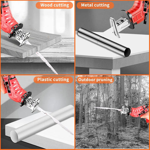 Compact Cordless Reciprocating Saw Kit With Dual Lithium Ion Batteries And Easy Blade Swap for wood, metal, plastic cutting and outdoor pruning.