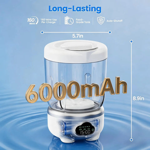 Slick Foldable Mini Washing Machine With 1.6 Liter Capacity And Rechargeable Power for hassle free washing, 5.7in wide, 8.9in tall, 6000mAh battery.