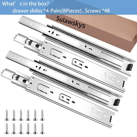 14 Inch Full Extension Drawer Slides 4 Pairs Ball Bearing Rails Side Mount 3 Fold Metal Dresser Runners For File Cabinets Kitchen Wardrobes Silver 100 LB Capacity, with screws