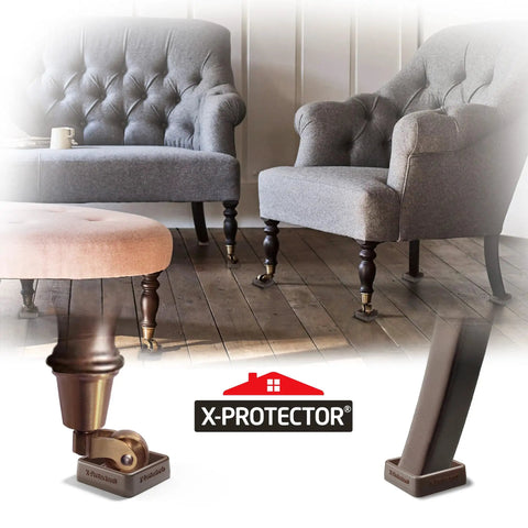 4 Pack 1.7 Inch Caster Cups With Lined Furniture Coasters, shown under chair legs, preventing floor scratches and sliding.