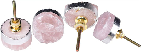 Rose Quartz Drawer Knobs Set Of 4 With Silver-Plated Edge Pink Stone Cabinet Knob Handles For Kitchen Wardrobe Cupboard