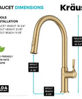 Spot Resistant Brushed Brass Pull Down Kitchen Faucet Featuring A Sleek High Arc Spout with dimension details for installation.
