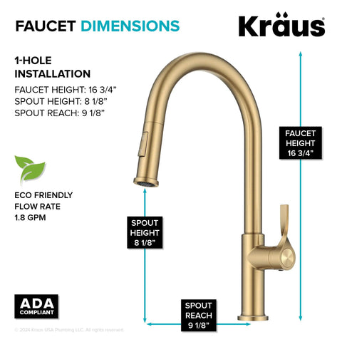 Spot Resistant Brushed Brass Pull Down Kitchen Faucet Featuring A Sleek High Arc Spout with dimension details for installation.