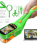 Kid Friendly Digital Bug Catcher Microscope Kit With 2.4 Inch IPS Screen For Safe Insect Viewing, 2 In 1 Bug Collector And Microscope For Hands On STEM Learning And Backyard Exploration; green plastic kit with screen, tweezers, and bug cup