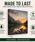 Gallery-quality canvas print with mountain lake sunset scene, hand-stretched over solid wood, ready-to-hang, vibrant colors.