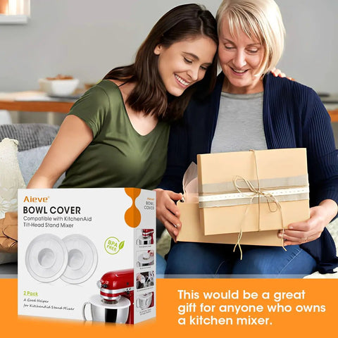 Mixer Bowl Covers Splatter Guard Lids For 4.5 To 5 Quart Tilt Head Stand Mixer Two Pack Keeps Mess Down packaging with two women gifting.