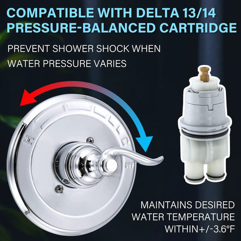 Pressure Balancing Valve Trim Replacement for Windemere 14 Series Chrome Finish With Lever Style Handle And Cold And Hot Temperature Indicator Aftermarket Part Compatible With R10000 Series Shower Valves Trim Kit Only on display with pressure-balanced cartridge.