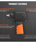 Pneumatic Air Impact Wrench With 3/8 Inch Square Drive And 690 Ft Lbs Of Knuckle Busting Torque Lightweight Aluminum Body for mechanics features.