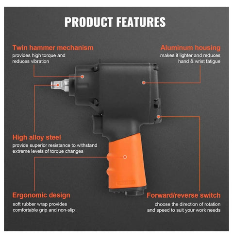 Pneumatic Air Impact Wrench With 3/8 Inch Square Drive And 690 Ft Lbs Of Knuckle Busting Torque Lightweight Aluminum Body for mechanics features.