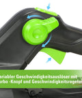 Close-up of the 60-Volt Max Cordless Leaf Blower With 610 CFM Gen2 Brushless Motor, showing turbo mode control button and handle.