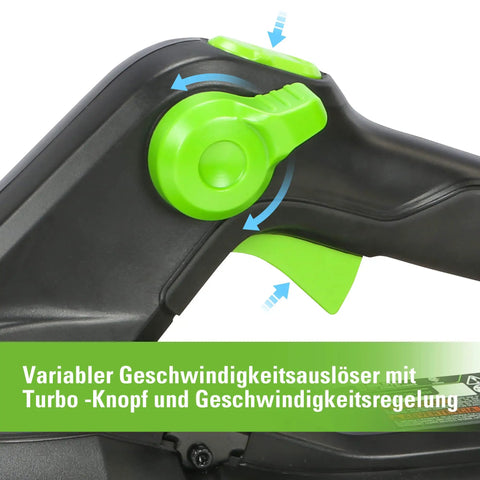 Close-up of the 60-Volt Max Cordless Leaf Blower With 610 CFM Gen2 Brushless Motor, showing turbo mode control button and handle.