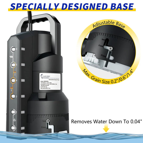 Rock Solid Automatic Sump Pump With Heavy Duty Motor shows adjustable base for optimal drainage, removing water down to 0.04 inches.