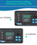 Dual Channel PWM Signal Generator With Independent Display showing frequency limits from 0.001 kHz to 150.0 kHz