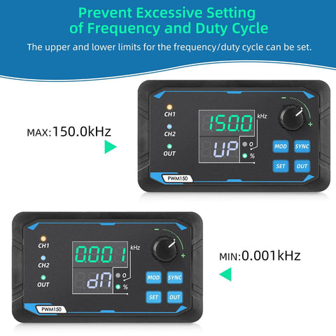 Dual Channel PWM Signal Generator With Independent Display showing frequency limits from 0.001 kHz to 150.0 kHz