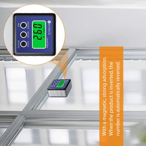 Slick Digital Angle Finder With Crystal Clear Lcd Display Waterproof Protractor And Reliable Inclinometer For Miter Saw Cuts Auto Diagnostics And Angle Checks That Deliver Hella Precise Reads Every Time Blue with digital display on a flat surface.
