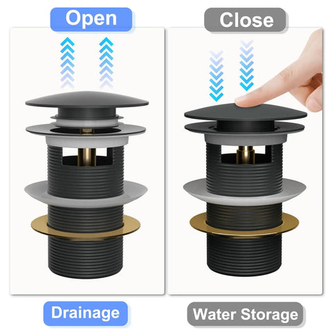 Heavy Duty Pop Up Drain For Freestanding Tub Featuring A Slick Matte Black Finish Crafted From Solid Brass With Smooth Gears That Run Like A Champ, showing open and close functions.