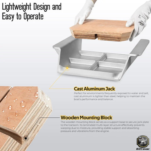 4 Inch Setback Jack Plate For Outboard Motors Up To 35 HP Cast Aluminum With Wooden Mounting Block Manual Transom Jack Plate Increases Motor Height To Reduce Drag And Improve Hydrodynamics And Boost Boat Performance. Cast aluminum jack plate with wooden mounting block