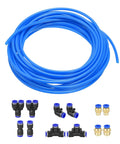 Blue PU Air Hose Tube For Compressors 4mm ID By 6mm OD 10 Meter Length with fitting kit, coiled flexible and durable pneumatic hose.