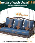 Upgraded Wicker Hanging Porch Swing For Patio, Heavy Duty 900 Lb Capacity, 3 Seat Outdoor Swing Bench, 8.9 Ft Chains, Cushions