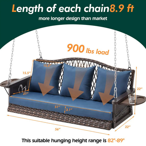 Upgraded Wicker Hanging Porch Swing For Patio, Heavy Duty 900 Lb Capacity, 3 Seat Outdoor Swing Bench, 8.9 Ft Chains, Cushions