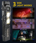 Compact EDC Flashlight With USB C Rechargeable Battery Flat Pocket Design Clip On For Easy Carry Super Bright LED 8 Lighting Modes For Camping Emergency Prep And Everyday Use showing 3 side light modes.