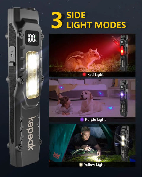 Compact EDC Flashlight With USB C Rechargeable Battery Flat Pocket Design Clip On For Easy Carry Super Bright LED 8 Lighting Modes For Camping Emergency Prep And Everyday Use showing 3 side light modes.