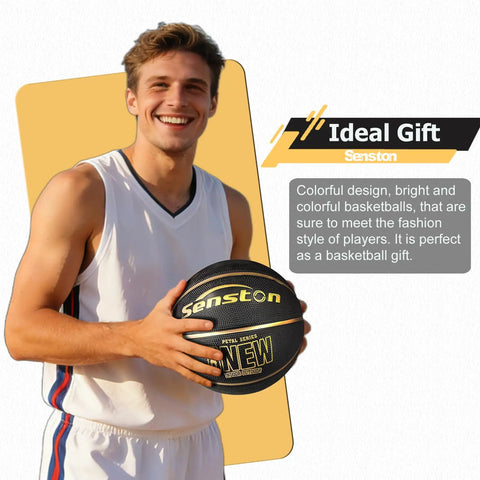 Person holding basketball, labeled 'Senston', size 7, black and gold, smiling in sports jersey, ideal gift description.