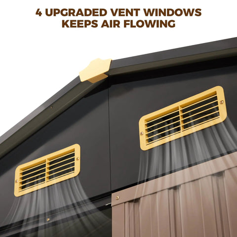 Heavy Duty 6x6 Outdoor Storage Shed With Lockable Double Doors, Galvanized Steel Build, Built In Ventilation, black brown vents