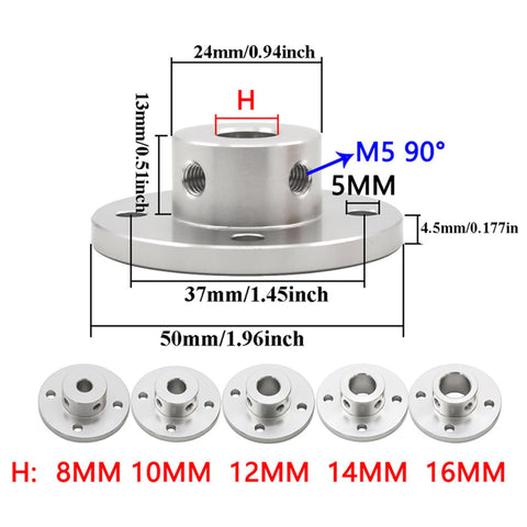 Diagram of two 16mm aluminum flange coupling connectors with dimensions, for RC models rigid shaft coupler accessory for DIY motors.