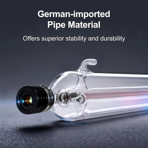 Rock Solid 100W Co2 Laser Tube With Brushed Copper Ends And Borosilicate Glass Max 130Watts 1450Mm X 80Mm showing the German-imported pipe material.