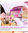 Pro Gel Polish Kit For Salon Use, 36 Color Set, HEMA-Free swatch cards displayed in a salon setting with nail tools