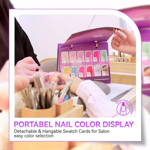 Pro Gel Polish Kit For Salon Use, 36 Color Set, HEMA-Free swatch cards displayed in a salon setting with nail tools