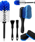 Car Wheel Cleaning Kit With Soft Drill Wheel Cleaner Brush And Detailing Pads For Wheels Tires Rims Engines And Exhaust No Scratches Nylon Bristles Safe On Alloy Chrome Painted Finishes 6 Pack Blue And White. Image shows blue and white brush set with pads and drill attachment.
