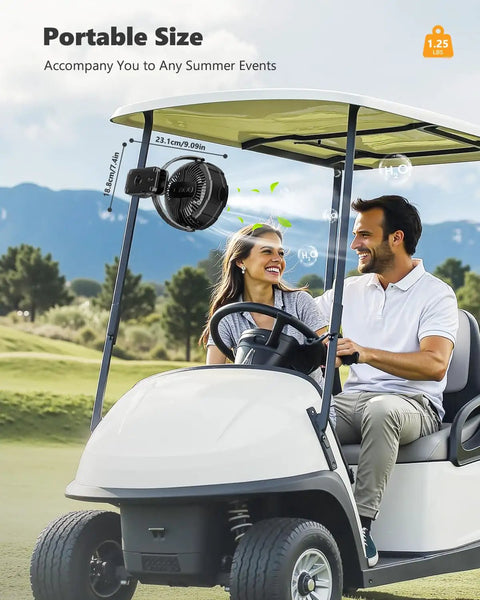 Rechargeable Clip On Mist Fan With Bright Led Light And Smooth Swivel For Golf Carts Strollers Rv Trips And Camping chases the sweat on a golf cart.