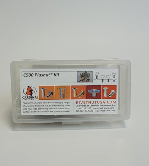 Garage Proven PlusNut PreBulb Fastening Kit With Five Sixteen Eighteen Thread Driver and Ten Heavy Duty Steel Inserts in clear case.